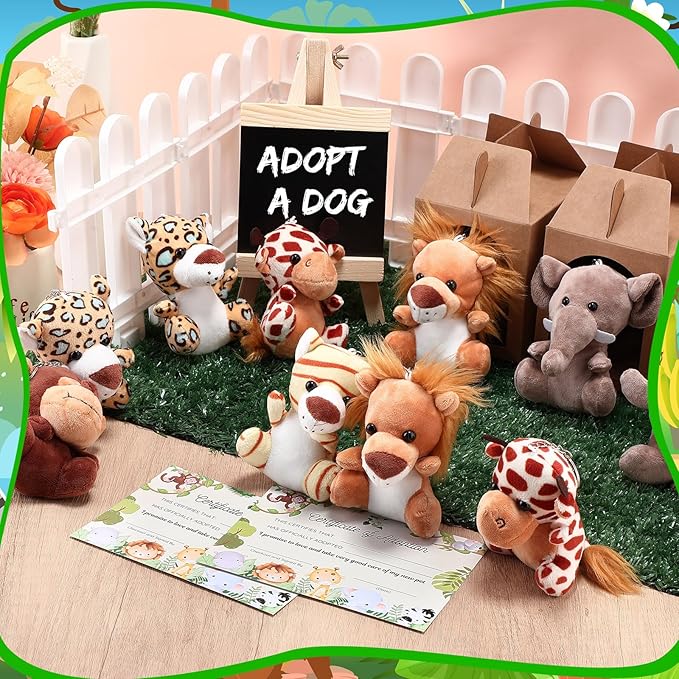 84 Pcs Adopt a Pet Party Favors 24 Mini Plush Stuffed Animals 10 White Plastic Fence 24 Paper Gift Boxes 24 Adoption Cards with Mini Chalkboard and Artificial Lawn(Safari Animals)
