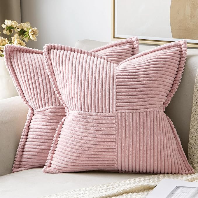 MIULEE Decorative Throw Pillow Covers for Couch 20x20 Inch Pink 2 Pack | Boho Broadside Striped Patchwork Pillow Covers, Soft Corduroy Cushion Cases, For Sofa Bed Livingroom Home Decor
