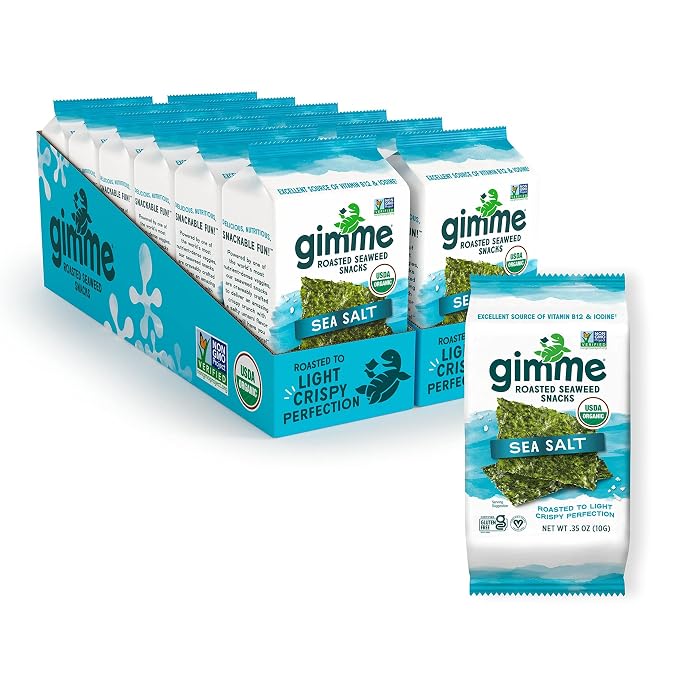 Gimme Seaweed Organic Premium Roasted Seaweed Snacks, Sea Salt, 12 Count Sharing Size, Keto, Vegan, Gluten-Free, Great Source of Omega3s and Iodine, Healthy On-The-Go Snack for Kids and Adults