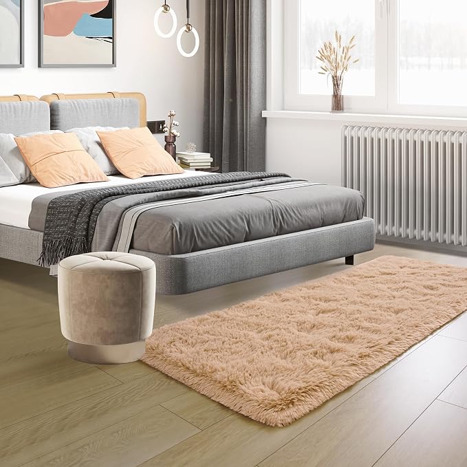 Tepook Soft Runner Rugs for Bedroom Living Room, Fluffy Plush Rug 2x6 for Kids Girls Room, Shag Furry Area Rug Non Slip Carpet for Nursery Children Dorm Home Decor, Beige