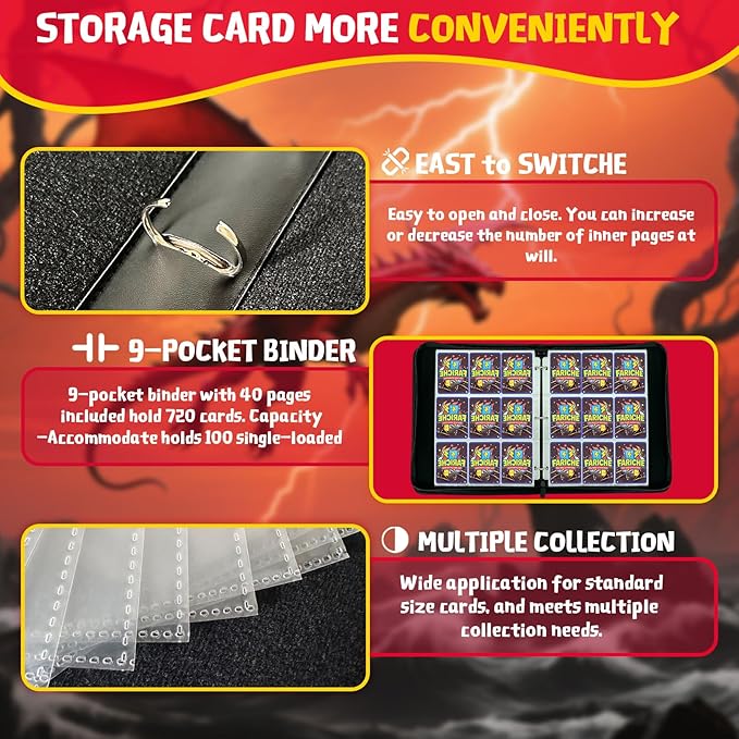 Trading Card Binder for TCG Cards, 9-Pocket Portable Card Collector Ablum Holder Book Fits 900 Cards with 50 Removable Sleeve, High Capacity Waterproof Card Binder Display Storage Carrying Cases