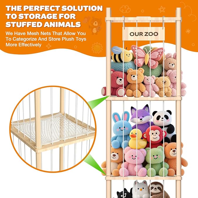 Stuffed Animal Storage: Wood Stuffed Animal Zoo, Stuffed Animal Holder with Mesh Net, Plush Toy Organizer Tube with Brake Wheels, Space Save Stuffed Animal Cage for Kids Room Playroom Nursery Bedroom