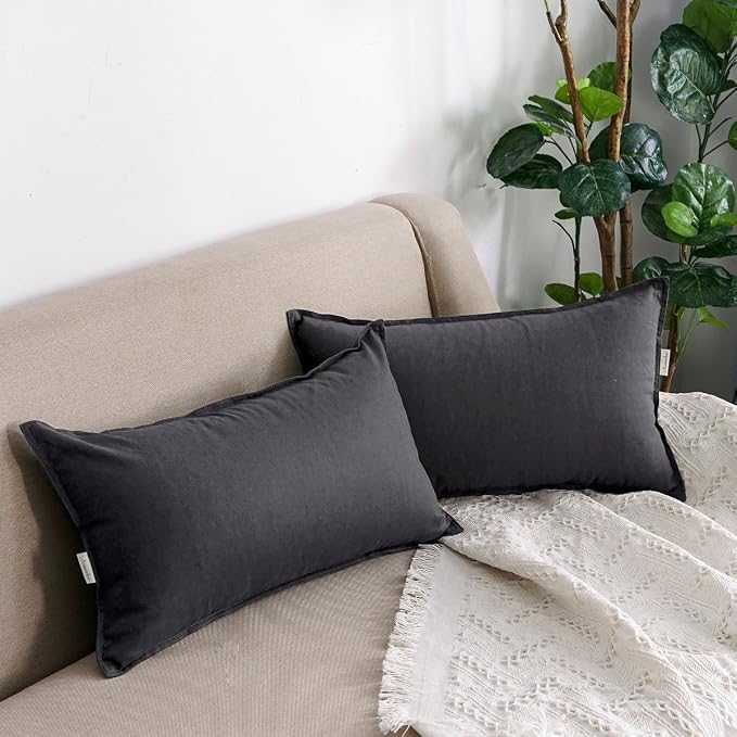 Jeanerlor Natural Cotton Linen Square Decorative Throw Pillow Case Dark Grey Cushion Cover with Twin Needles Stitch on Edge for Lumbar, 12"x20"(30 x 50cm), Dark Grey