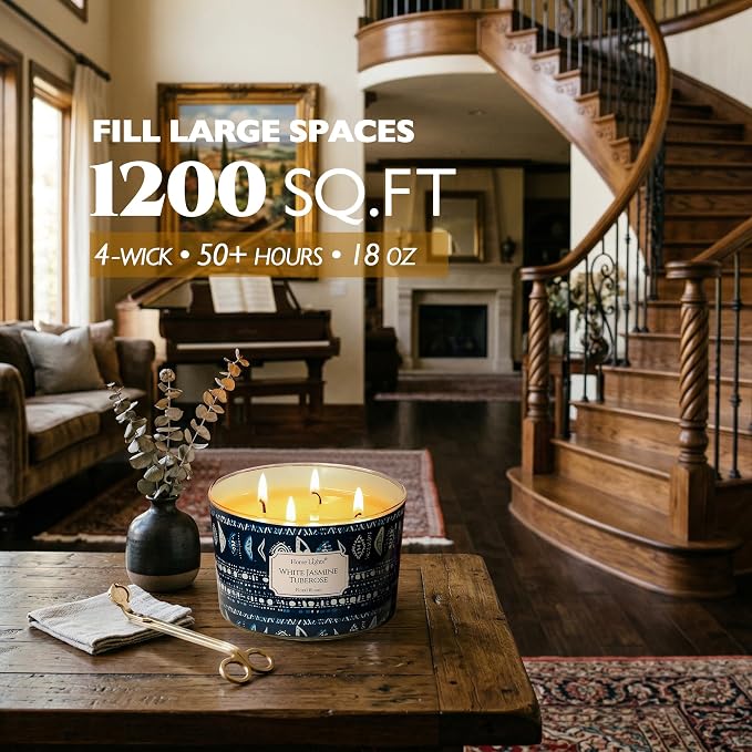 HomeLights Scented Candles for Women & Men, 18oz Candle Jars Aromatherapy 4-Wick Candle, Ideal for Bohemian Natural Textures Home Decor and Gifts, White Jasmine Tuberose