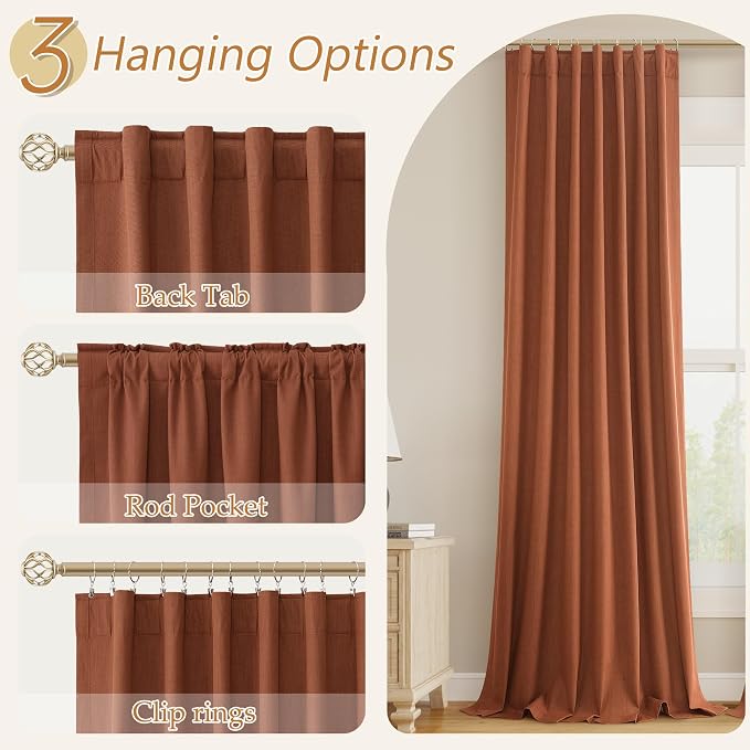 Guken Terracotta 100% Blackout Linen Curtains 102 Inch Length 2 Panels Set Fall Curtains for Living Room Bedroom Back Tab Thermal Insulated Black Out Linen Drapes，52x102