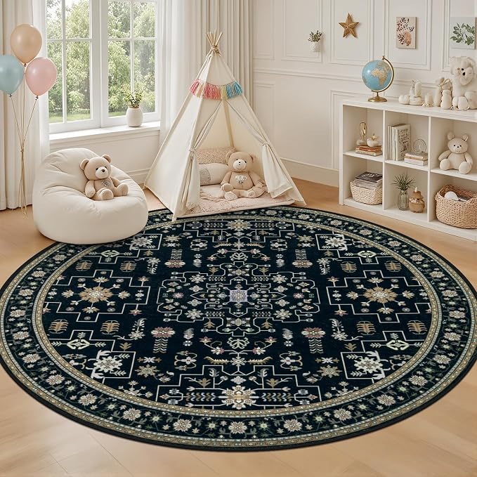Round Area Rug for Living Room: 4 ft Washable Vintage Boho Soft Thin Circle Rug Indoor Floor No Slip Stain Resistant Carpet for Bedroom Dining Room Farmhouse Nursery Home Office - Black