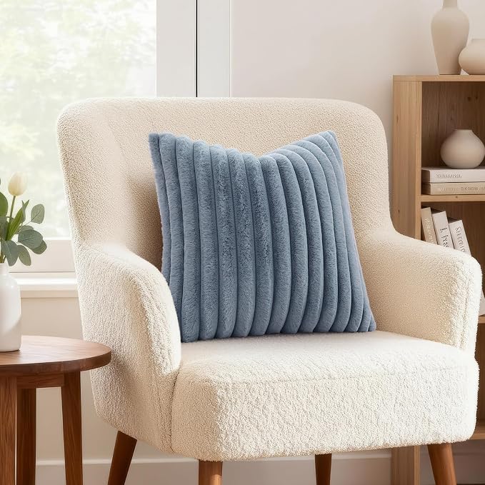 decorUhome Fall Faux Fur Throw Pillow Covers 22x22 Set of 2 Grey Blue | Decorative Soft Cozy Striped Plush Modern Farmhouse Boho Couch Pillow Cases Velvet Back for Sofa Bed Living Room Home Decor