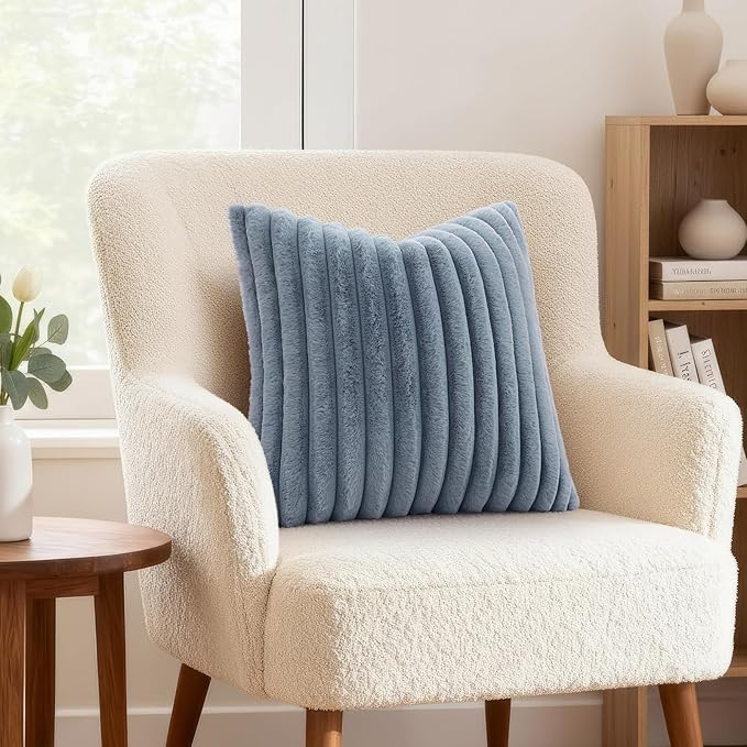 decorUhome Fall Faux Fur Throw Pillow Covers 26x26 Set of 2 Grey Blue | Decorative Soft Cozy Striped Plush Modern Farmhouse Boho Couch Pillow Cases Velvet Back for Sofa Bed Living Room Home Decor