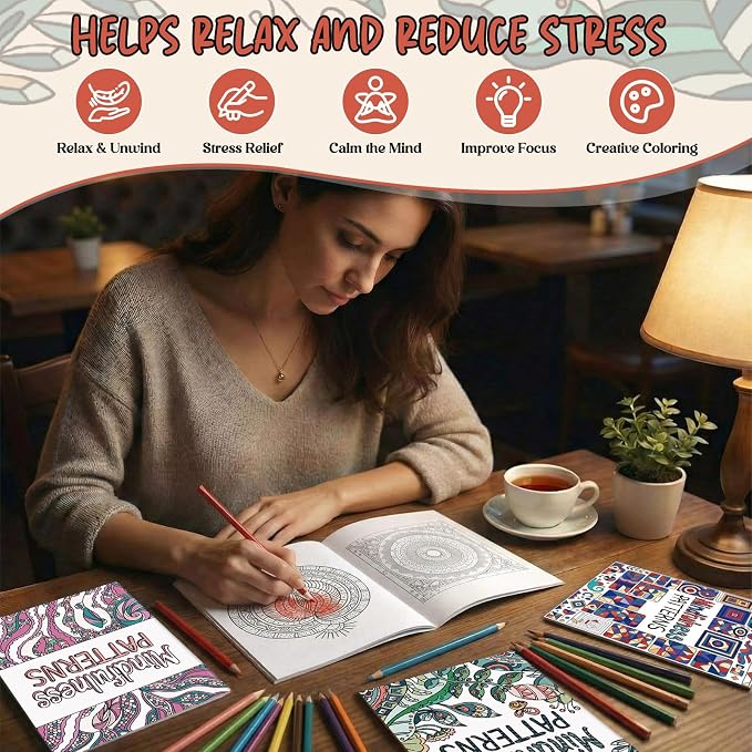 Liliful 24 Pcs Mindfulness Geometric Theme Coloring Book Bulk – Intricate Pattern & Mandala Coloring Books for Stress Relief, Ideal for Adult Relaxation, Gift Fillers & Self-Care Activities