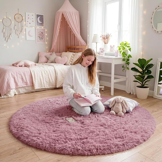Amdrebio Mauve Pink Round Circle Rug 4Ft for Girls Bedroom, Cute Fluffy Fuzzy Area Rugs for Kids Room Decor Aesthetic, Shaggy Circular Carpet for Nursery Classroom Dorm, Furry Dusty Rose Blush Rug