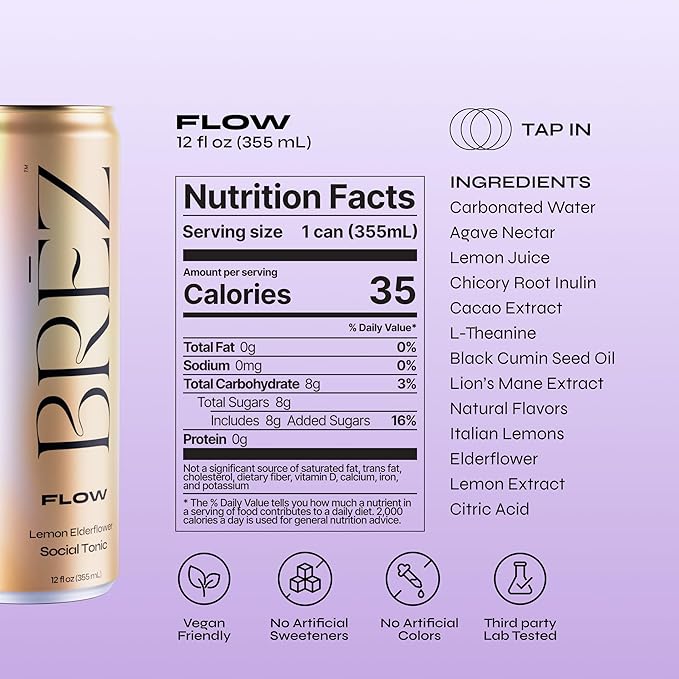 BRĒZ FLOW Alcohol Alternative Drink – Non Alcoholic Sparkling Drink with Lion’s Mane Mushroom, Lemon Elderflower, Adaptogen Beverage for Mood & Focus, Alcohol Alternatives with a Buzz, 24 Pk 12 Fl Oz