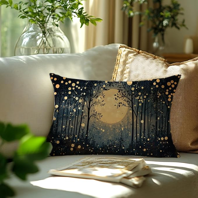 Vintage William Morris Inspired Gold Moon Pillow Covers 20x12,Rustic Black and Gold Forest Moon Botanical Nature Landscape Decorative Throw Pillow Covers for Home Bedroom Living Room