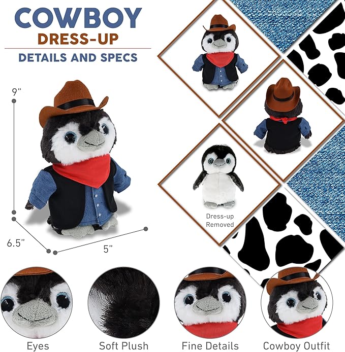 DolliBu Grey Penguin Stuffed Animal Cowboy Plush with Name Personalization - Western-Themed Penguin Plush with Cute Cowboy Costume Denim Shirt Vest, Bandana, Leather Pants, and Hat - 9 Inches