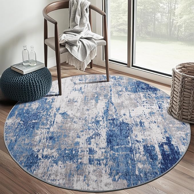 RELEANY Washable Round 6ft Area Rug for Living Room Blue Gray | carpet for bedroom, kitchen, office, hallway and entryway, printed pattern, non-slip, soft, stain-resistant, easy to clean