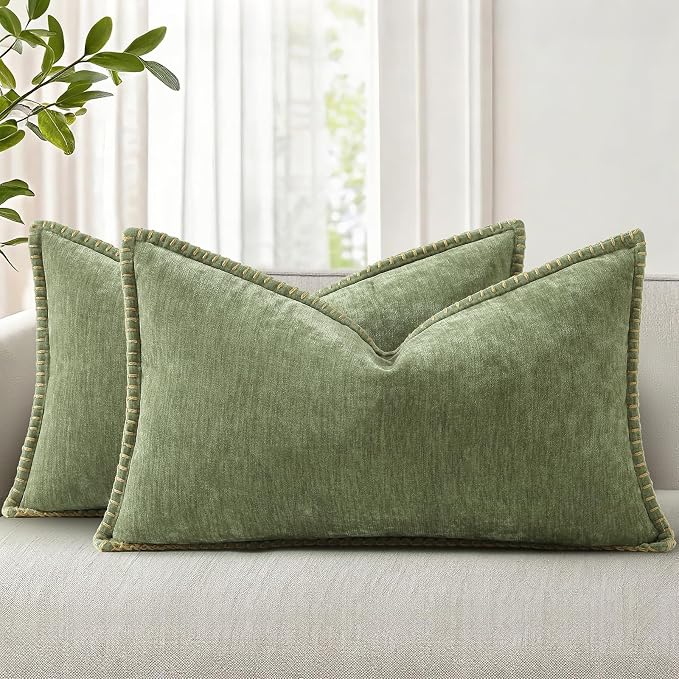 decorUhome Soft Chenille Throw Pillow Covers 12x20 Set of 2 Olive Green | Fall Textured Decorative Throw Pillow Cases Stitched Edge Modern Farmhouse Luxury Boho Velvet for Couch Sofa Bed Home Decor