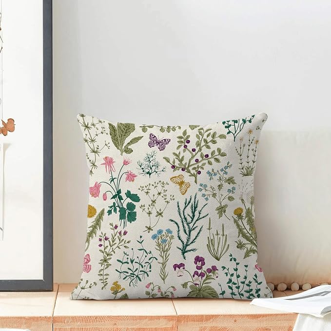 AEIOAE Spring Pillow Covers 20x20 Inch Set of 2,Sage Green Teal Wild Flower Plant Throw Pillows Case,Seasonal Floral Outdoor Decorative Linen Farmhouse Decor Cushion Covers for Home Sofa Bed Couch