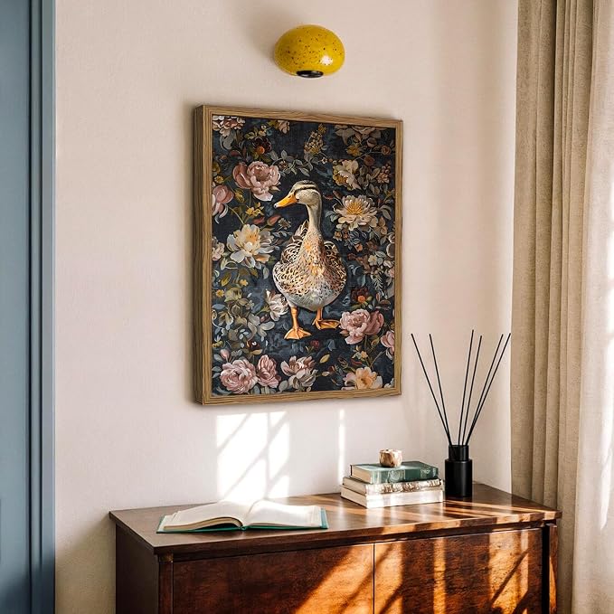 Vintage Mallard Duck Wall Art, Whimsical Dark Cottagecore Duck Wall Decor Painting Moody Animal and Botanical Poster Canvas Print for Living Room Bedroom 12x16 inch Wood Framed