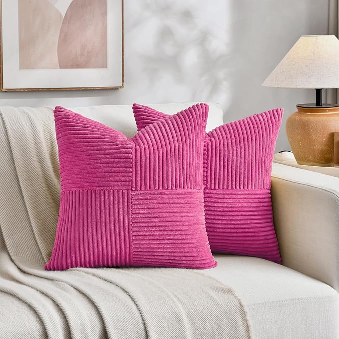 Fancy Homi 2 Packs Hot Pink Samll Decorative Throw Pillow Covers 14x14 Inch with for Couch Bed Sofa, Rustic Farmhouse Boho Home Decor, Soft Corss Patchwork Corduroy Square Cushion Case 35x35 cm
