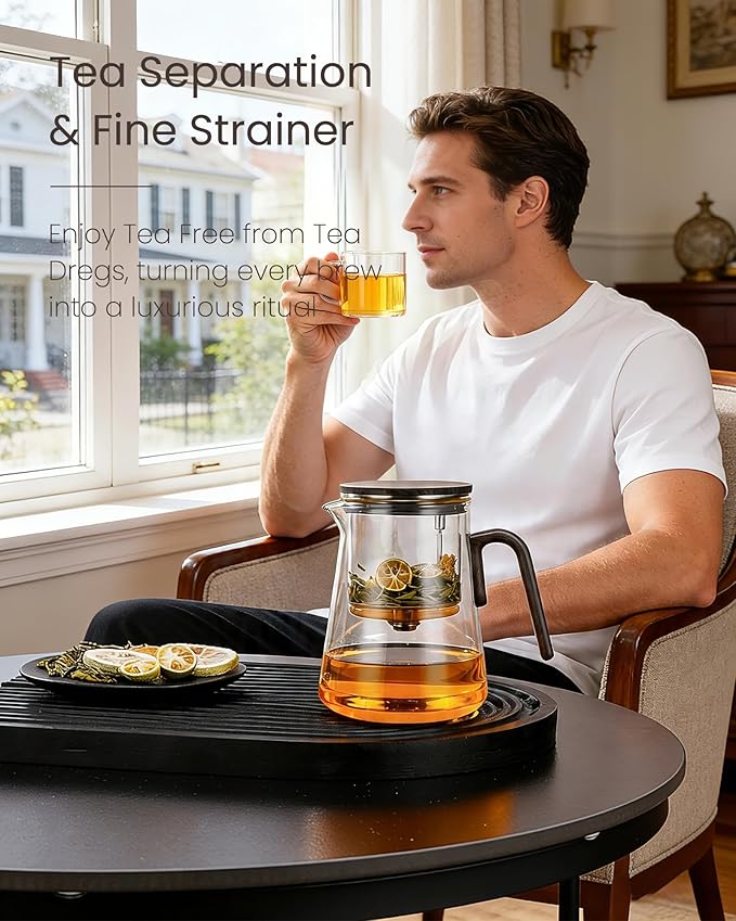 ZENS Magnetic Tea Pot, Large Enchanted Glass Teapot with Infuser and Magnetic Suction Lid for Mess-Free Loose Tea Diffusers, Black Walnut Pattern Handle, Tea Lovers Gifts