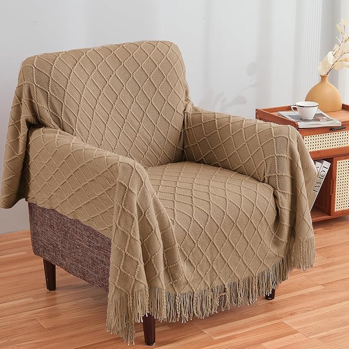 inhand Khaki Knitted Throw Blanket for Couch and Bed, 50"x60" | Soft Cozy Knit Blanket with Tassel, Lightweight Decorative Blankets and Throws, Farmhouse Warm Woven for Men and Women