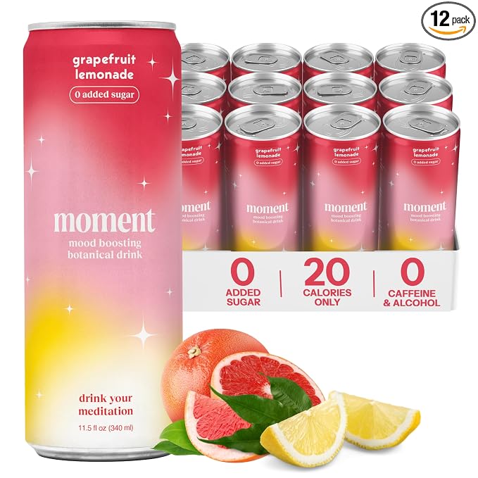 Moment Adaptogen Drink (Shark Tank) - Calm, Clarity & Relaxation with L-Theanine & Ashwagandha - Non Alcoholic Drinks for Adults - Sparkling Botanical Soda - 0 Sugar 0 Caffeine - 12 Pack 11.5 fl oz