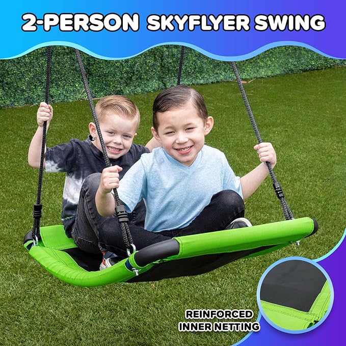 Sportspower Swing & Fly Metal Swing Set with 2 Sling Swings & 2-Person Skyflyer Swing, Heavy-Duty 2" Steel Frame, Outdoor Playset for Kids, Bonus 4-Piece Anchor Kit