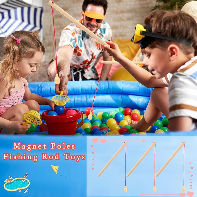 40 Pcs Magnetic Fishing Rod Wooden Magnetic Fishing Poles Mini Fishing Pole Toys for Preschool Girl Boy Pool Activity Accessory (Color Set 1)