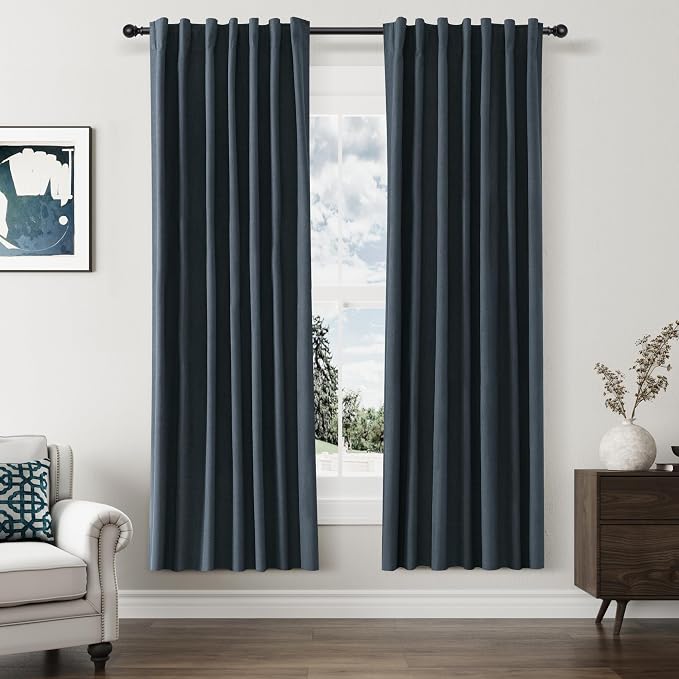 Guken Vintage Blue 100% Blackout Linen Curtains 72 Inch Length 2 Panels Set for Living Room Bedroom Back Tab/Rod Pocket Thermal Insulated Black Out Drapes Room Darkening Window Curtains