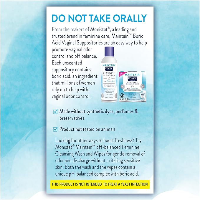 from The Makers of Monistat, Maintain Boric Acid Suppositories for Women, Fragrance-Free Inserts for Vaginal Odor Control and pH Balance Without Irritation, 30 Count
