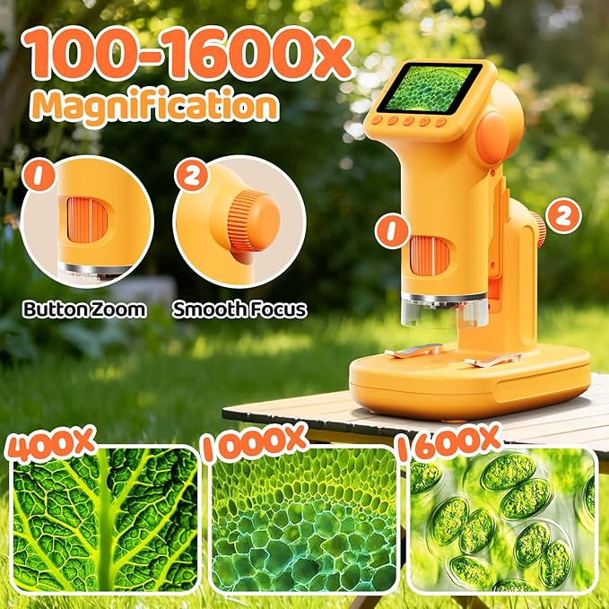 1600X Microscope for Kids, 4K 2.0" Screen Kids Microscopes with Slides Kit Microscope for Toddlers Christmas Birthday Gifts Toys for 3-14 Year Old Children Students (Yelllow)