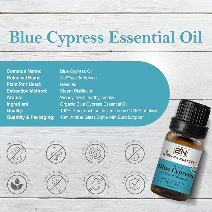 Blue Cypress Essential Oil, USDA Certified Organic, 100% Pure Undiluted, Aromatherapy Oil for Diffuser, Hair & Skin Care