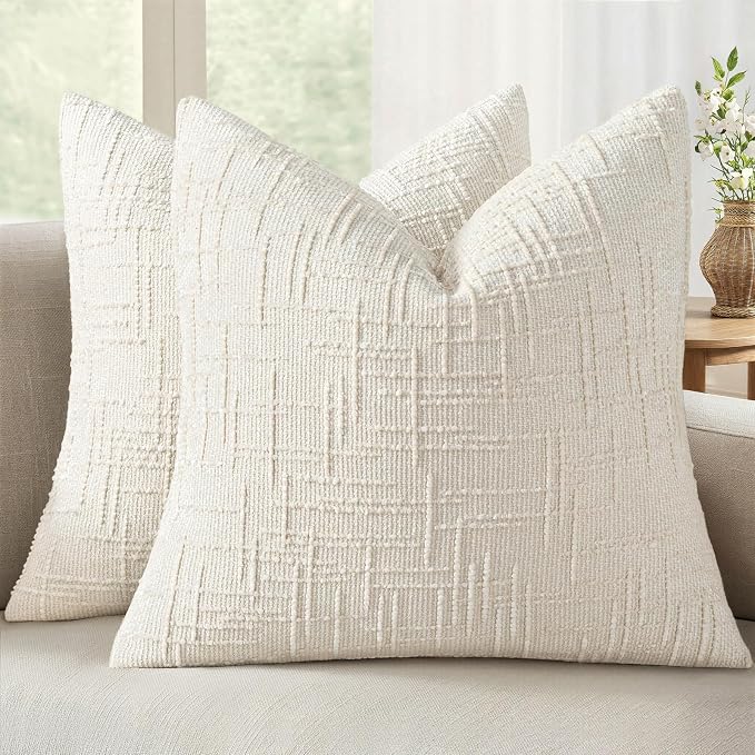 MIULEE Chenille Textured Euro Pillow Covers Cream White 22x22 Set of 2 | Slubby Decorative Throw Pillows, Boho Farmhouse Home Decor, Modern Neutral Cushion Covers for Couch Sofa Bed Living Room