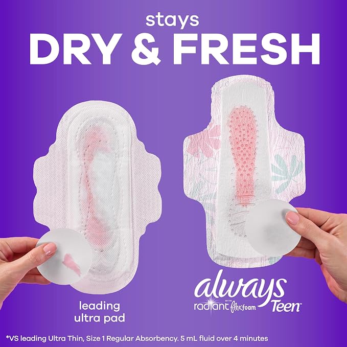 Always Radiant Teen Pads, Size 3, Extra Heavy, with Wings, Unscented, 60 Count (3 Packs of 20)