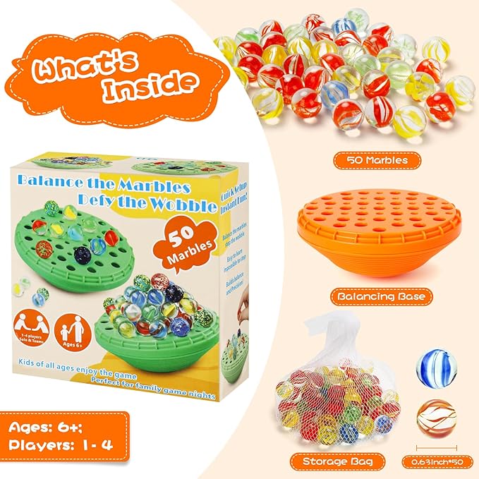 Marble Balance Game - 50 Colorful Marbles with Built-in Storage, Fun Family Challenge for 1-4 Players, Educational Toy for Kids & Adults, Perfect for Parties, Travel & Birthday Gifts (Pumpkin Orange)