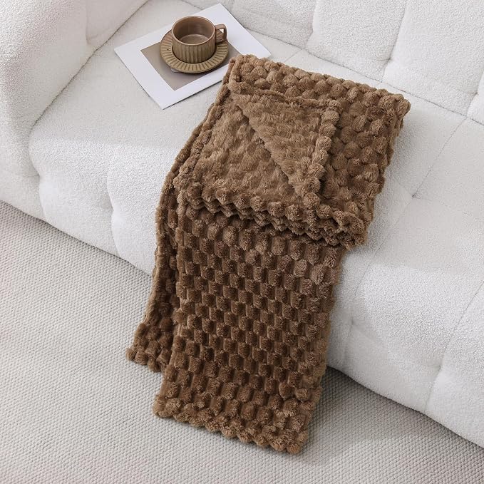 Brown Fleece Throw Blanket 60”×80” for Couch Sofa Bed Super Soft Cozy Plush Microfiber Flannel Blanket with 3D Jacquard Decorative Lightweight for Mom Woman