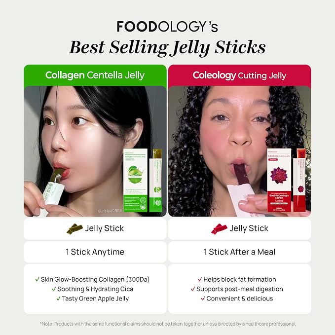 FOODOLOGY Coleology Centella Jelly Collagen Petide, Gree Apple, 10 Sticks | PDRN, Biotin & Hyaluronic Acid, Vitamin for Skin Glow, Hair & Nail Support, Korean Jelly Collagen Sticks