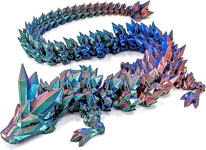 Large 24" Articulated Crystal Dragon - Multi Color 3D Printed Plastic Dragon Figure - Rainbow Pearlescent Colors - Interlocked Body Segments and Legs (Large 24", Dark Rainbow)