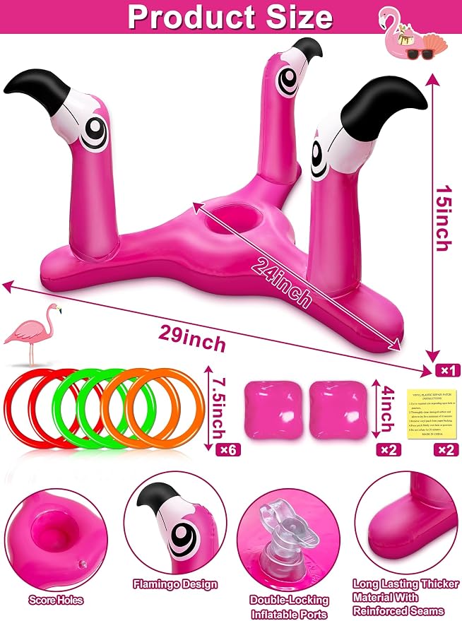[ Bean Bag & Ring Toss ] Inflatable Flamingo Pool Toys Games Set 2-in-1 Floating Pool Rings Toss & Cornhole Summer Swimming Hawaii Luau Party Water Game for Adults Beach Backyard