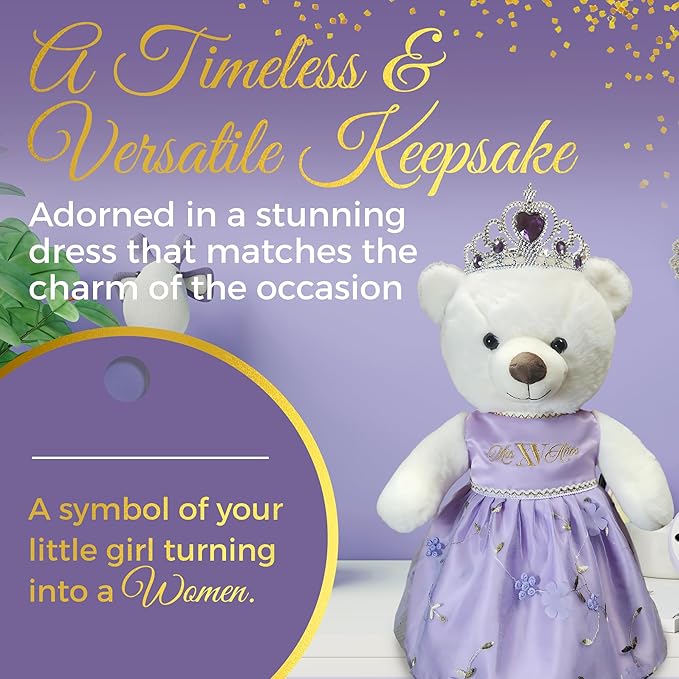 Quinceañera Teddy Bear 18-inches with Dress for 15th Birthday, Quince Bear with Matching Crown, Ideal Keepsake for 15th Birthday, Mis XV Años - Purple