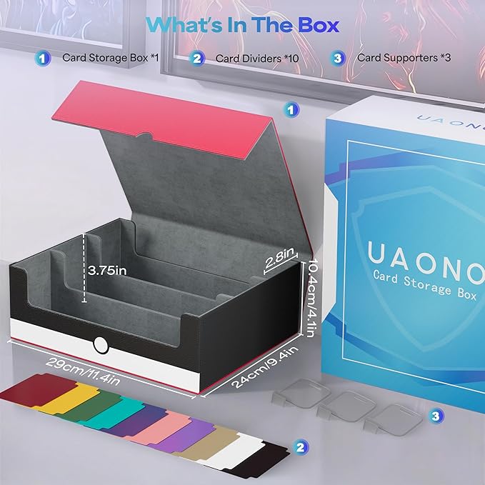 UAONO Card Storage Box for Trading Cards, 1800+ PU Leather Commander Card Deck Case, Magnetic Closure Card Holder Fits for Magic Game Cards (Red&White)