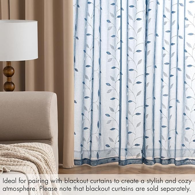 MIULEE Stone Blue Sheer Curtains 2 Panels Embroidered Leaf Patterned Rod Pocket Floral Semi Sheer Faux Linen Window Curtains Drapes Set for Living Room Bedroom Dining Room, 52x63 Inches Long