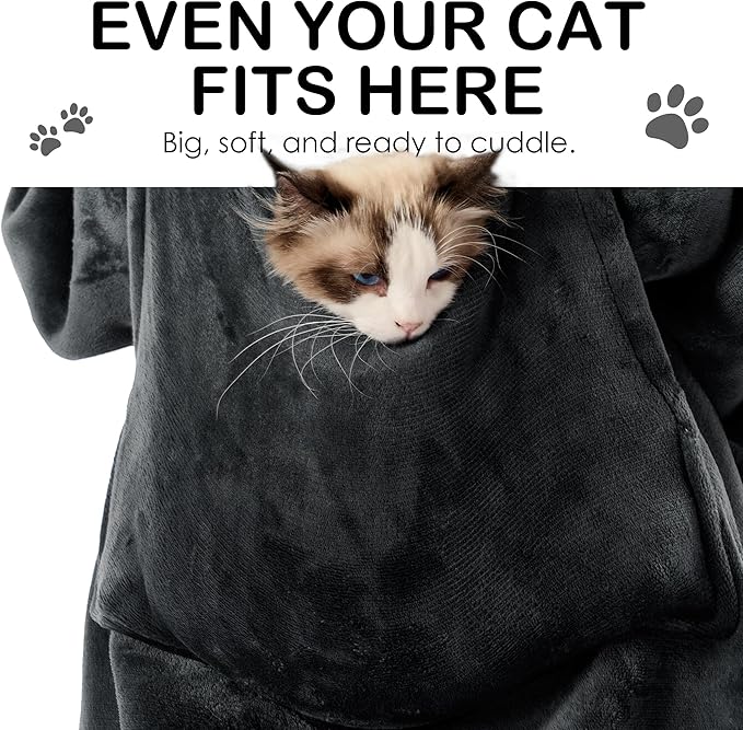 Krifey Big & Tall Wearable Blanket Hoodie with Cat Pocket, Extra Long Oversized Fleece Blanket for Adults, Cozy Birthday Gifts, Christmas Gifts