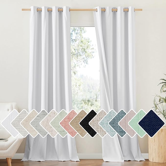 NICETOWN 100% Absolutely Blackout Linen Curtains with Thermal Insulated White Liner, White, 52 inches Wide, 108 inches Length Energy Saving Curtains for Living Room 2 Panels Set, Vertical Blinds