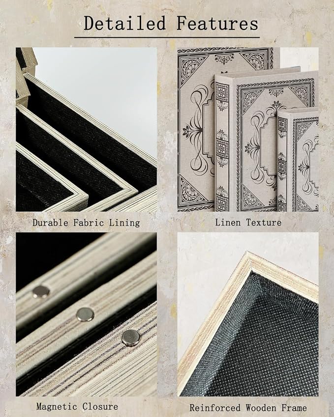 Decorative Wooden Book Box Set of 3 - Vintage Faux Book Boxes for Home Decor, Secret Storage with Magnetic Closure, Antique Style, Linen Cover Design, Perfect for Home Office Bookshelf