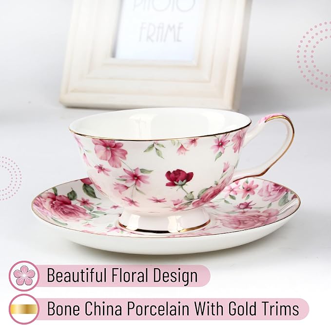 BTaT- Floral Tea Cups and Saucers, 8 oz, Set of 6 | Fine Porcelain Teacup Set with Gold Trim for Afternoon Tea Weddings Parties Gifting Dishwasher Safe Lightweight Non Toxic