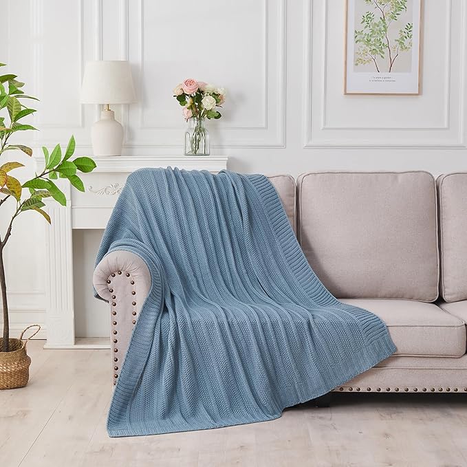 Douceur Blue Throw Blanket for Bed, Soft Cozy Lightweight Stripe Pattern Knitted Throw Blanket for Sofa, Living Room Gift, 60"X80"