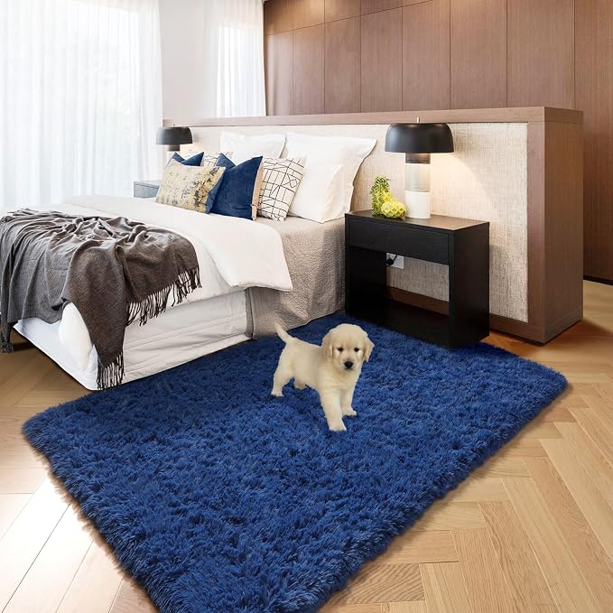 Amdrebio Navy Blue Area Rugs for Boys Bedroom, Fluffy Shag Furry Bedside Rug for Kids Room, Living Room Decor Aesthetic, Cute Throw Royal Dark Blue Carpet for Baby Nursery Office Dorm Playroom, 4x6