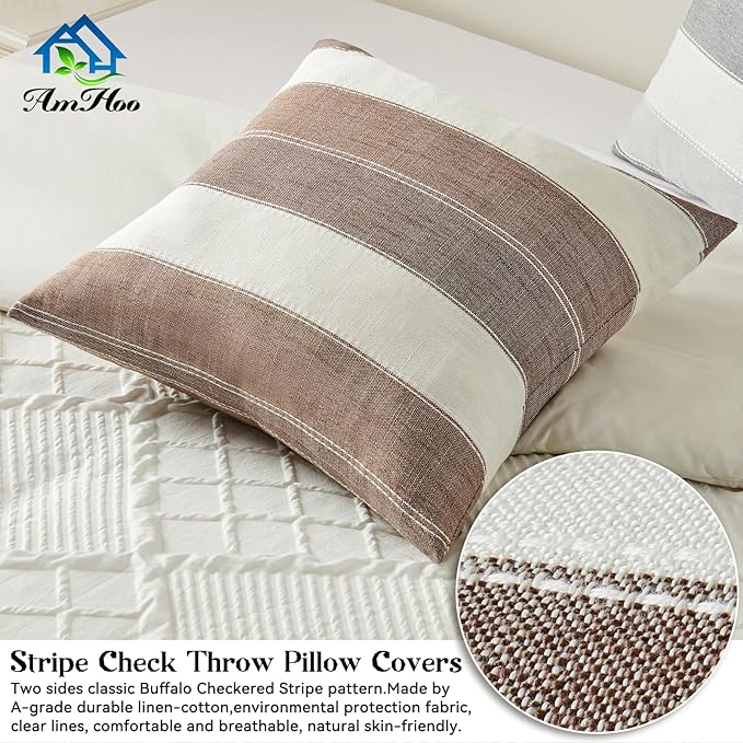 Pack of 2 Farmhouse Stripe Check Throw Pillow Covers Set Case Cotton Linen Decorative Pillowcases Cushion Cover for Couch Bench Sofa 18x18Inch Brown