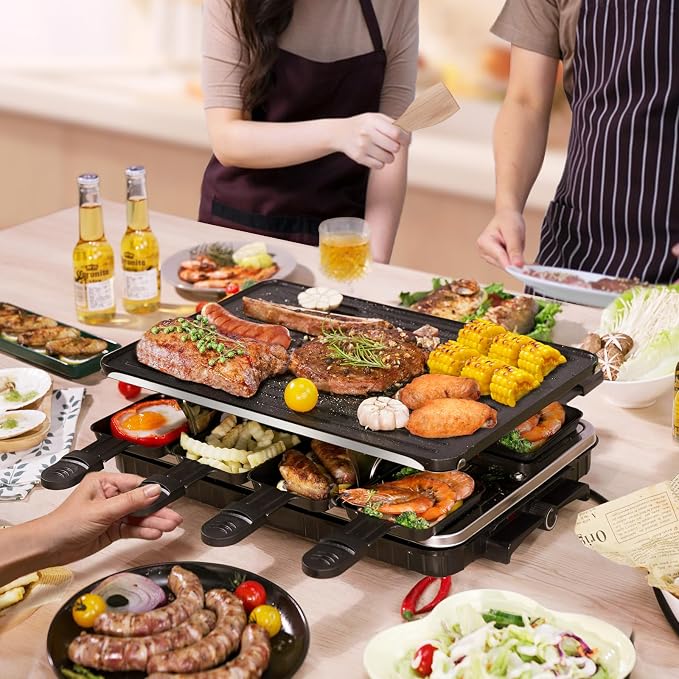 Electric Raclette Table Grill, 2 in 1 Korean BBQ Grill & Smokeless Indoor Grill, Nonstick Griddle with 8 Raclette Cheese Pans, Adjustable Temp Control, 1300W, KBBQ Party Grill for Family Gatherings