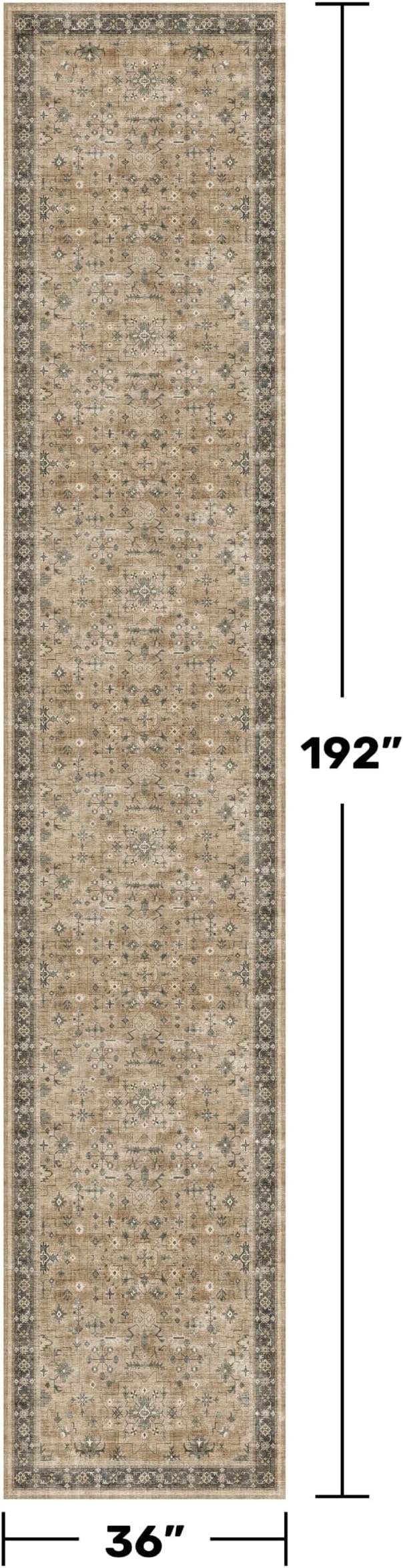 Hazo Haus Boho Washable 3x16 Extra Long Hallway Runner Rug, Neutral Large Kitchen Floor Rug Indoor, Non-Slip Stain & Fade Resistant, Vintage Dark Earthy Taupe Décor